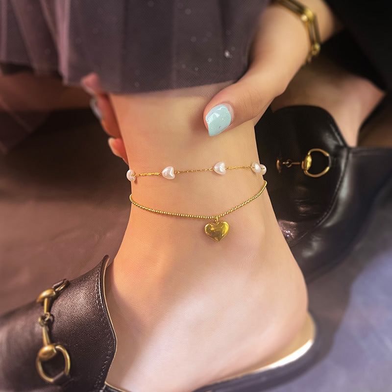 Mild Luxury Retro Double Layers Loving Heart Anklet
