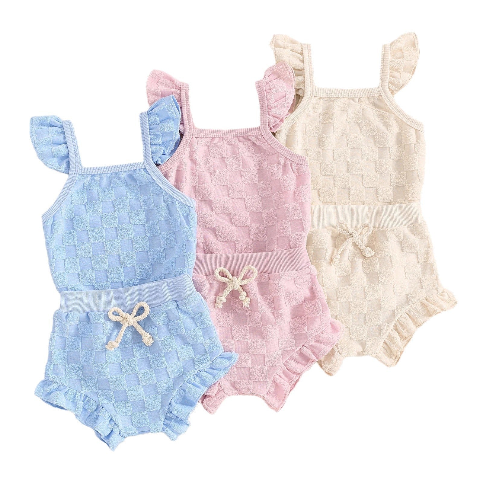 Girls' Solid Color Chessboard Plaid Style Lace Sling Romper Casual Shorts Suit