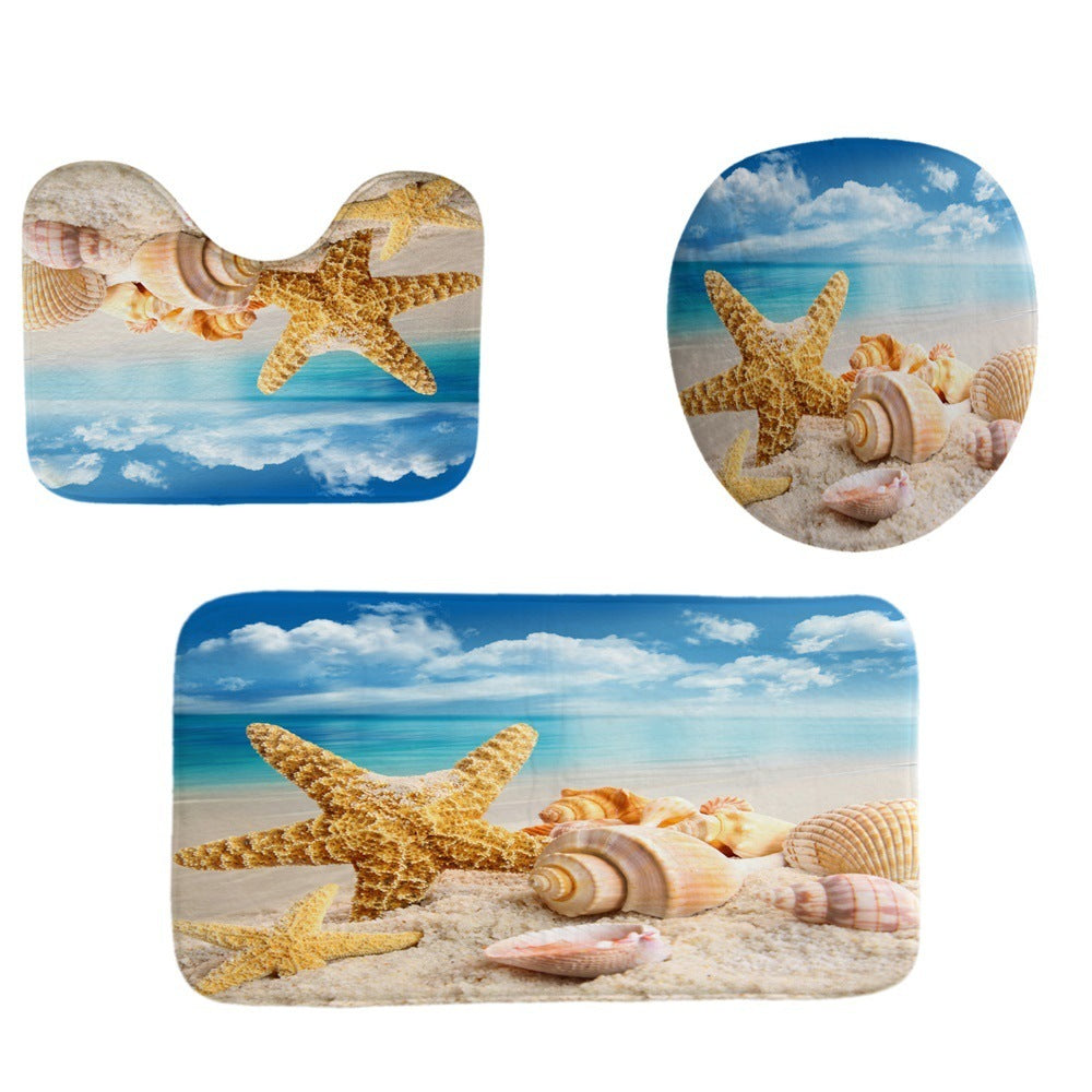 Beach Shell Printed Shower Curtain Carpet Bathroom Mat Four Piece Set