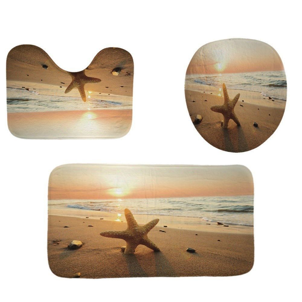 Beach Shell Printed Shower Curtain Carpet Bathroom Mat Four Piece Set