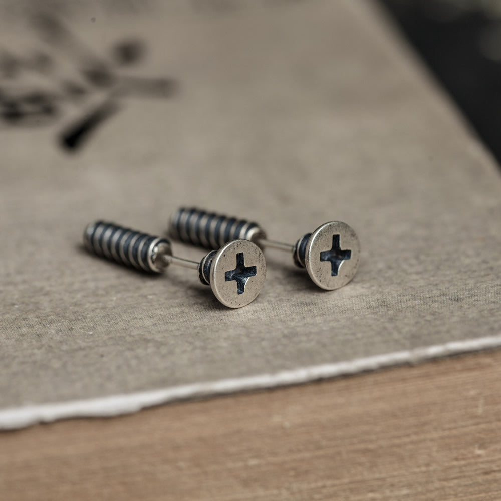 Thai Silver Punk Hip Hop Style Street Screw Stud Earrings