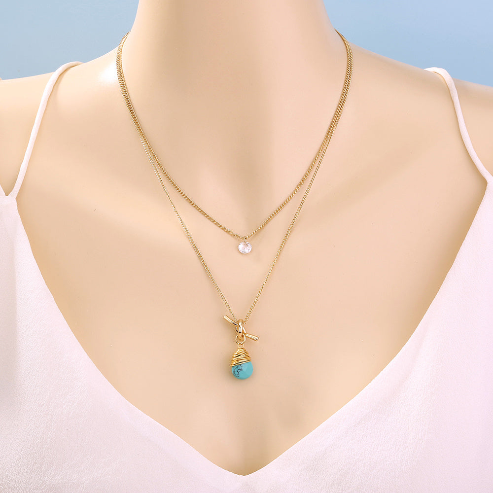 European and American foreign trade new product hot-selling jewelry, metal knotted hand-wound turquoise water droplet simple multi-layer necklace