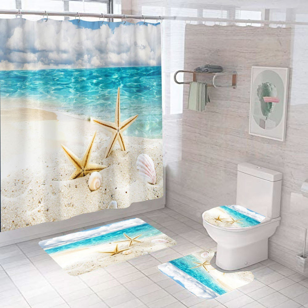 Beach Shell Printed Shower Curtain Carpet Bathroom Mat Four Piece Set