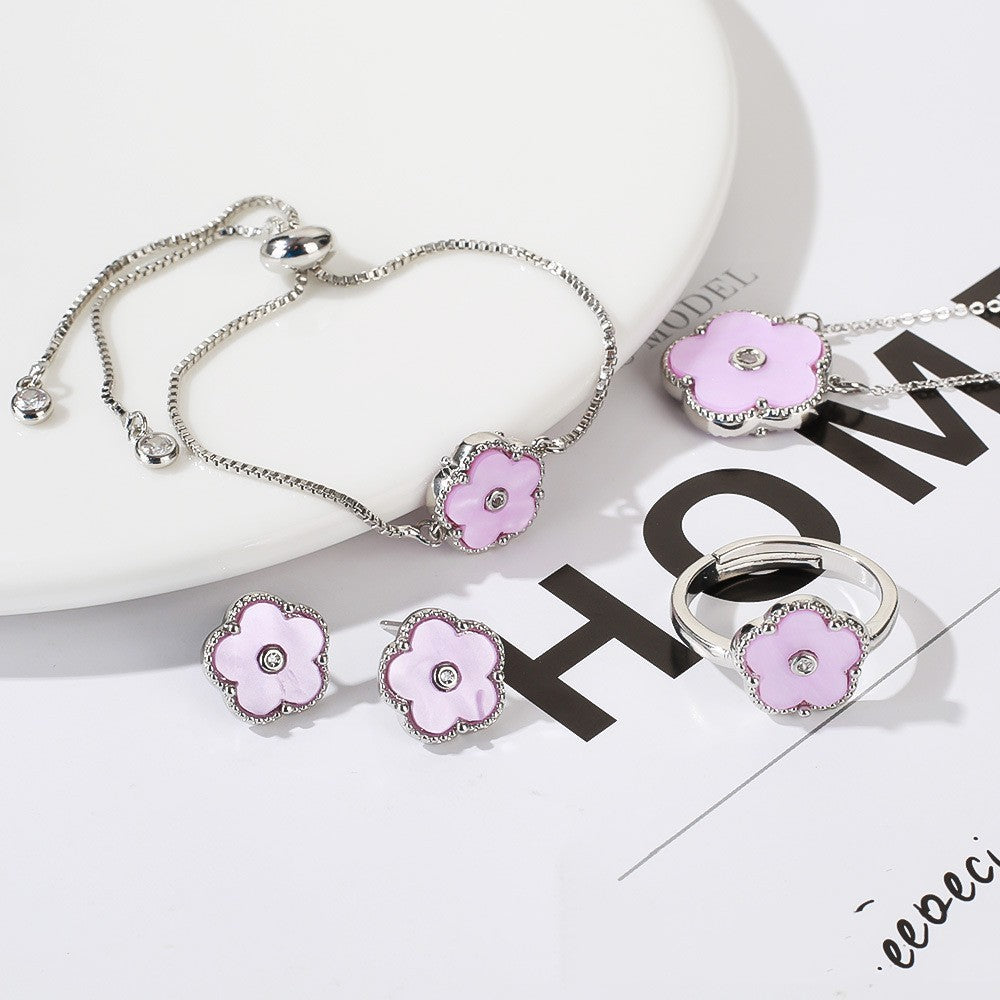 Gold Flower Bracelet Ring Earrings Bracelet Women's Suit
