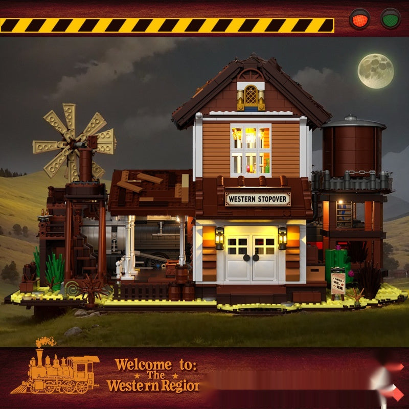 Retro Old Western Cowboy Railway Station Street View Assembled Building Blocks Model