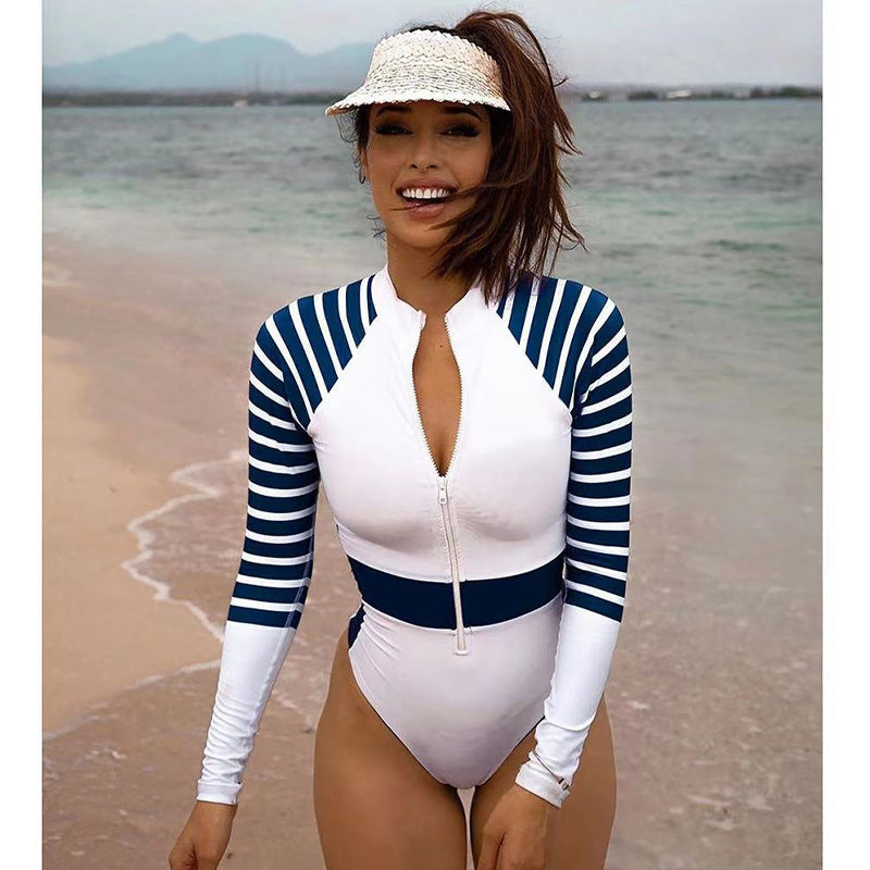 Striped Wetsuit Panel Color Swimsuit
