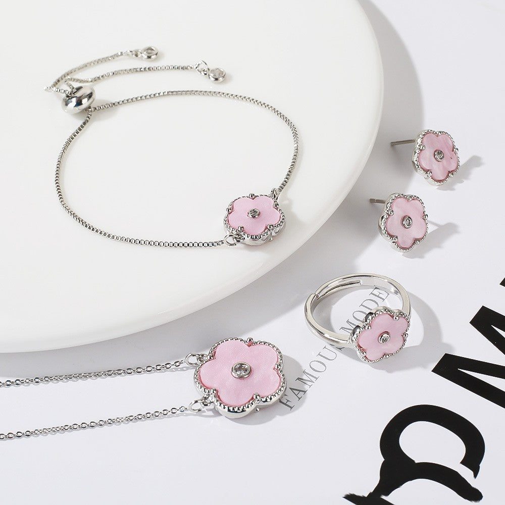 Gold Flower Bracelet Ring Earrings Bracelet Women's Suit