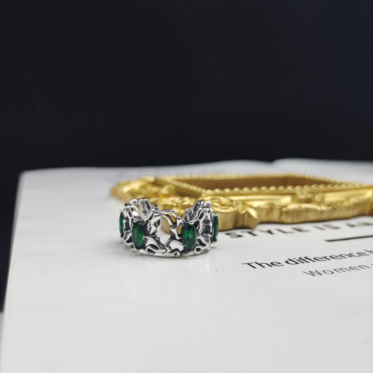 S925 Sterling Silver Vintage Diamond Green Zircon Ring Men's And Women's Hip Hop Trendy Rings
