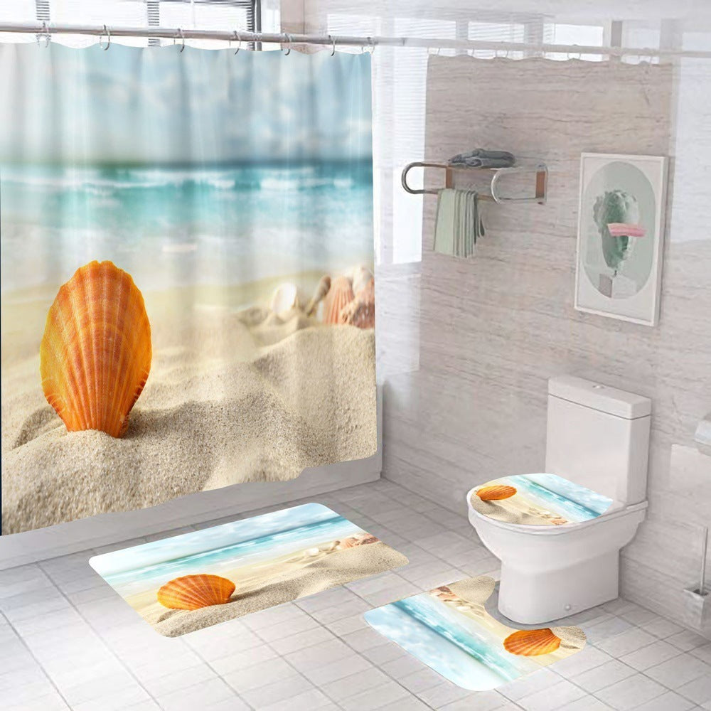Beach Shell Printed Shower Curtain Carpet Bathroom Mat Four Piece Set