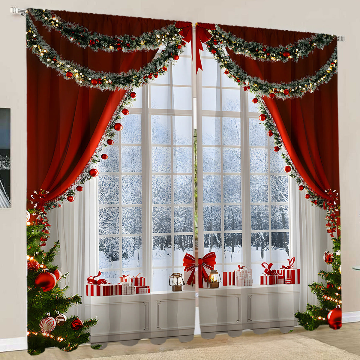 2PCs European Curtain Christmas Series Curtain Factory Generation 3D Digital Printing