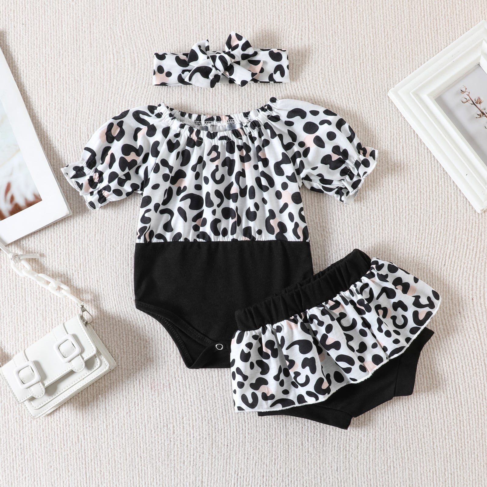 Girls' Leopard Print Color Matching Jumpsuit Dress And Pants Headband