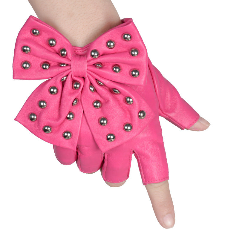 Lolita Gothic Rivet Bow Half Finger Pu Gloves