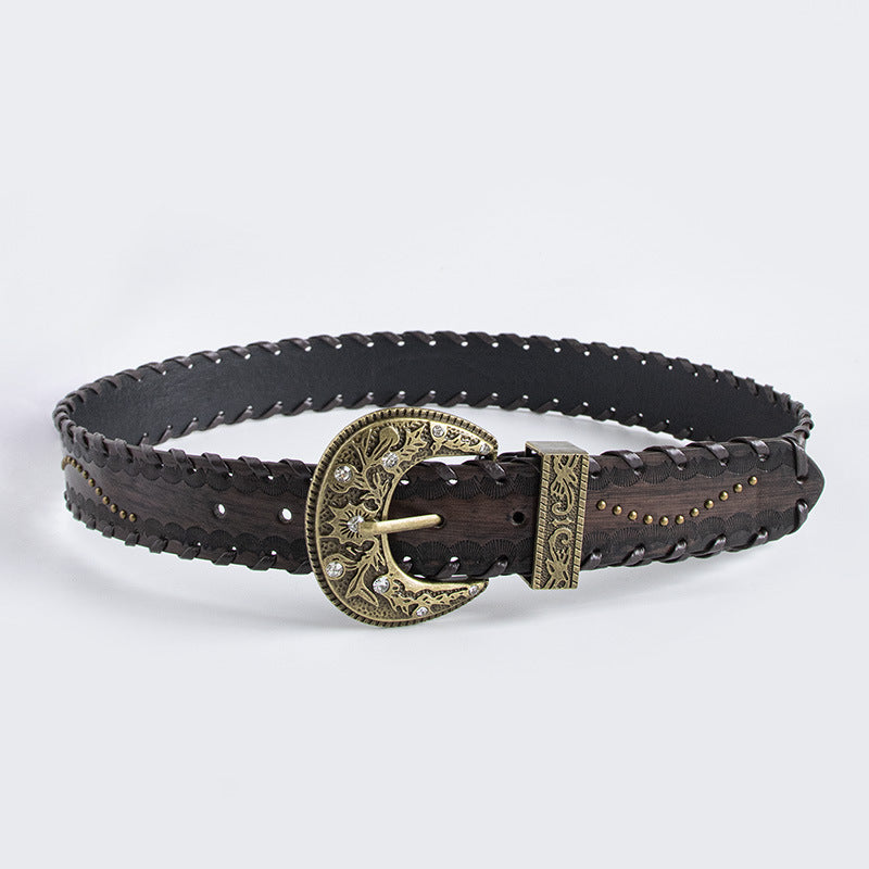 Ceinture marron gaufrée à rivets et surpiqûres vieillies pour femme