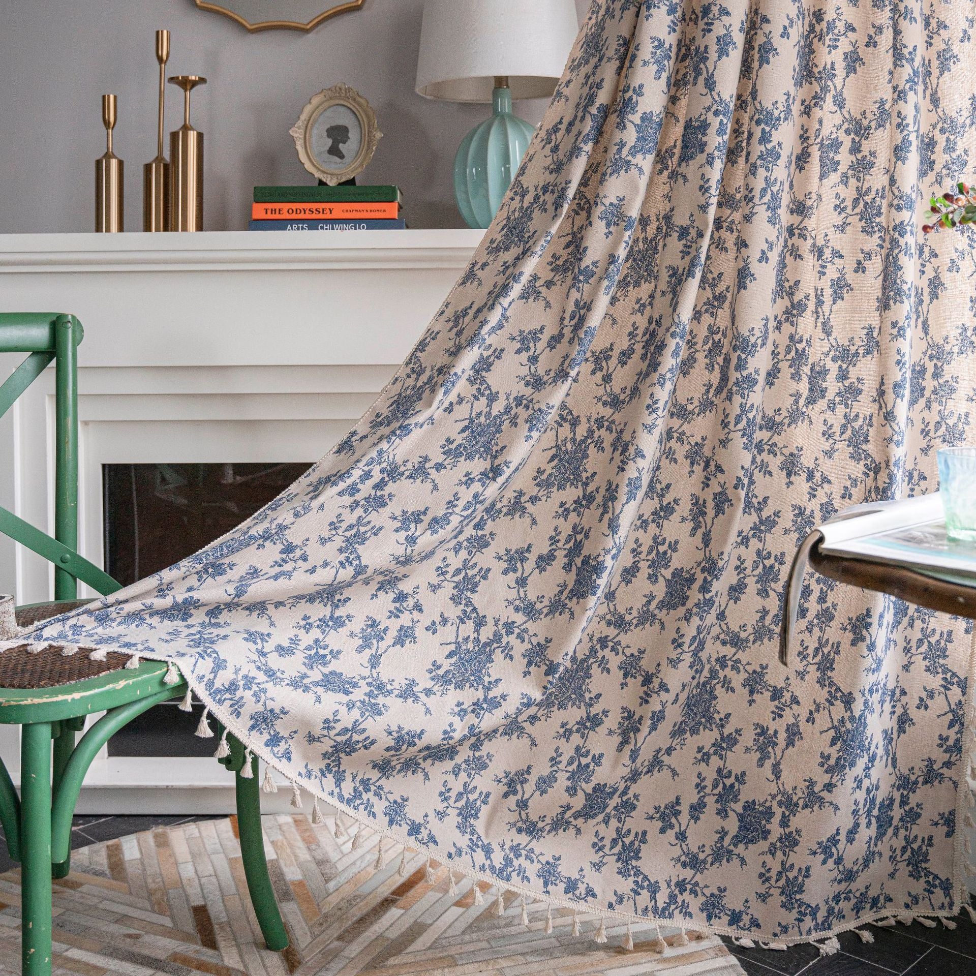 Rideau de cuisine en coton et lin imprimé avec gland beige Petite fenêtre Demi-ombre Décoration de baie vitrée