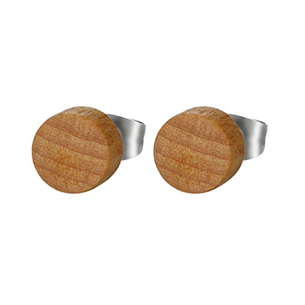 Log Hip Hop Rock Round Hipster Wood Stud Earrings