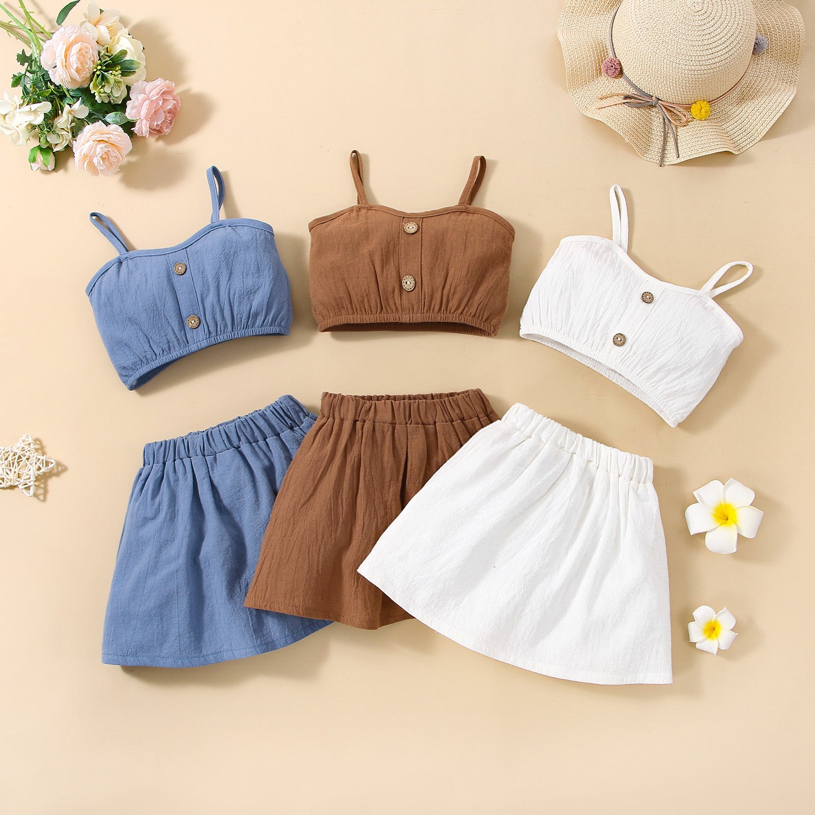 Solid Color Sling Decoration Wooden Buckle Skirt Outfit