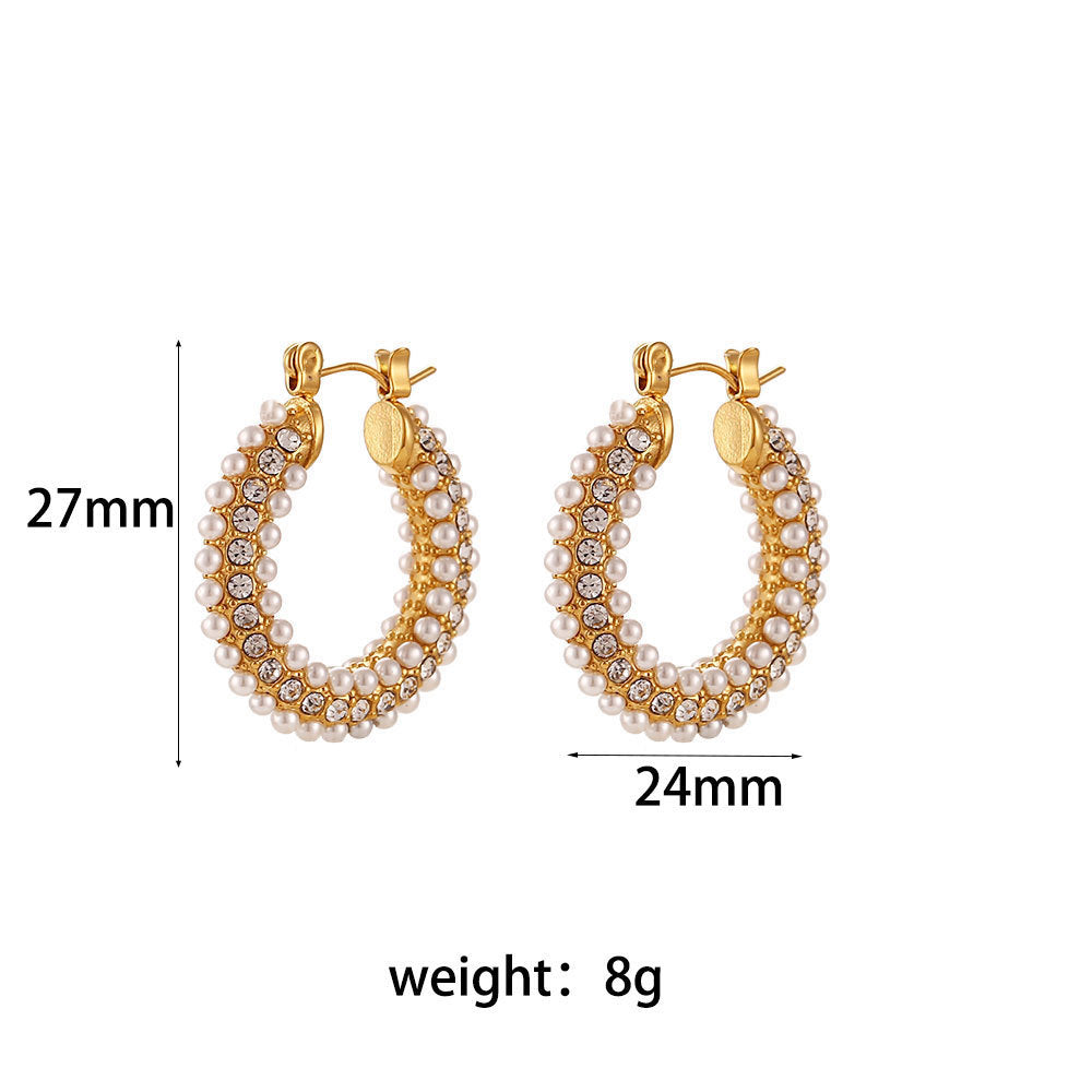 Stainless Steel Plated 18K Ring Set With Zircon Pearl Earrings For Women