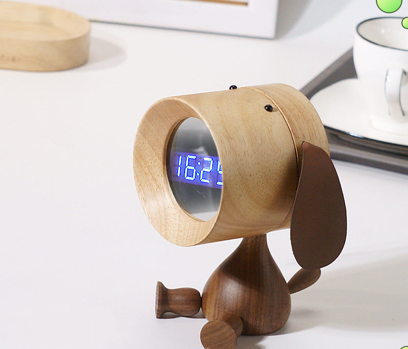 Solid Wood Cute Puppy Alarm Clock Gift Desktop Charging Creative