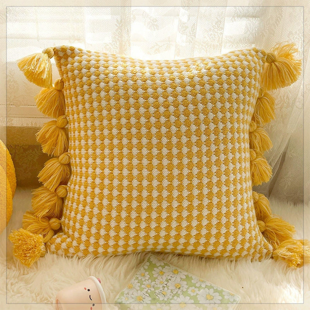 Home Decoration Knitting Cushion Cover Mint Green Tassel Pillowcover Modern Sofa Living Room Waist Pillow Bed Head Round Pillow Ins Style Pillow