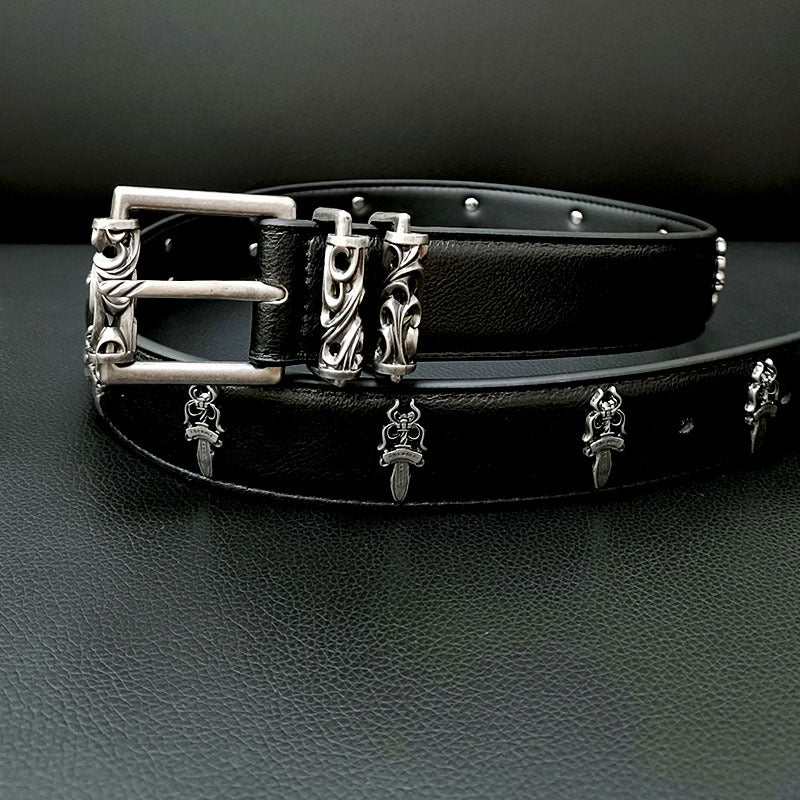 Cowhide Carved Roller Handmade 925 Sterling Silver Sword Retro Punk Belt
