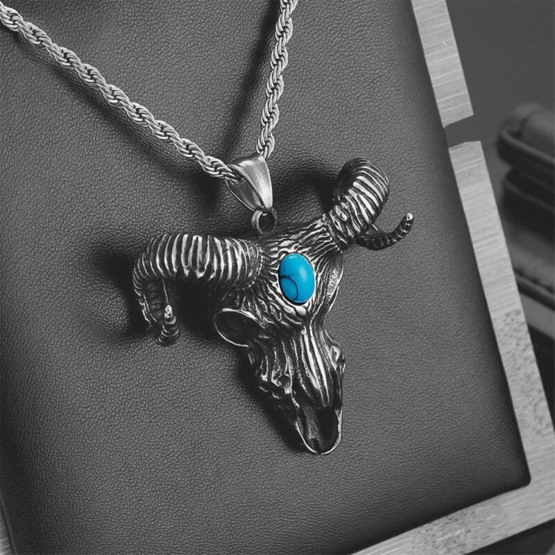 Vintage Demon Satan Hell Sheep Head Warcraft Titanium Steel Pendant Men's Necklace