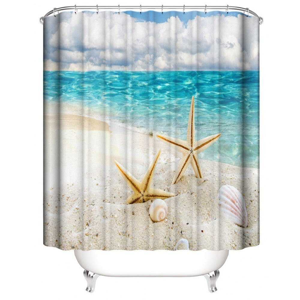 Beach Shell Printed Shower Curtain Carpet Bathroom Mat Four Piece Set