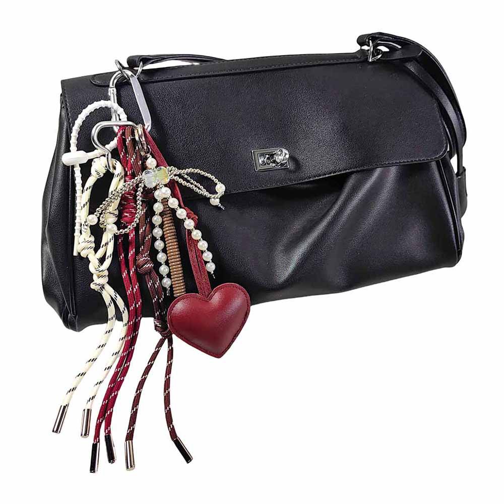 Wine Red Leather Peach Heart Pendant Pearl Bow Keychain