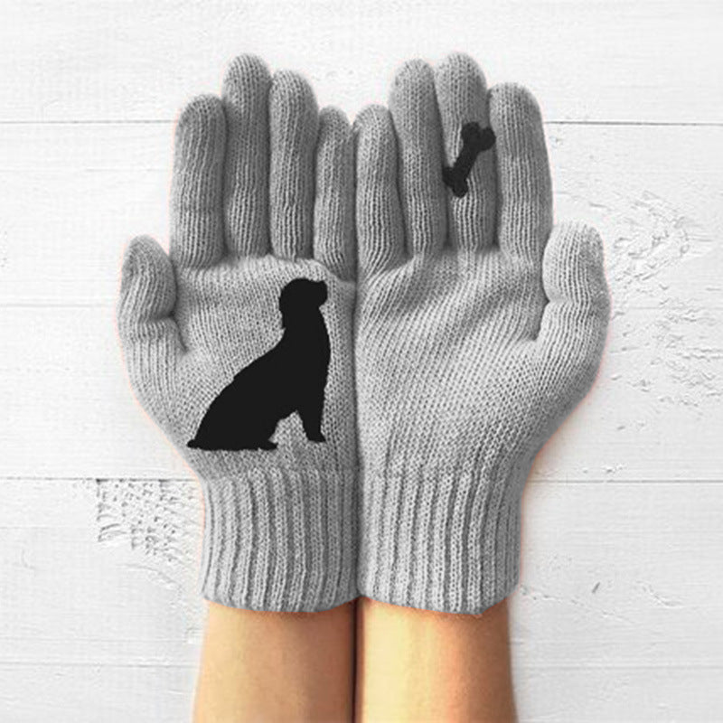Women's Knitting Wool Gloves Autumn And Winter Finger Warm Thickened Puppy Bone Cute Printed Gloves