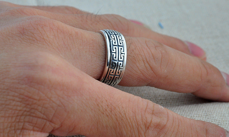 Bague ajustable chinoise en argent thaïlandais pour couple motif Grande Muraille