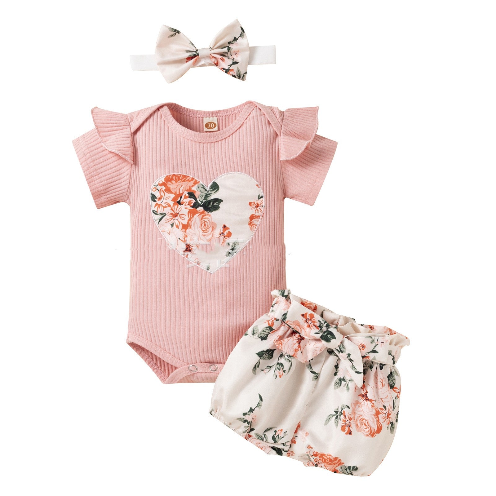 Love Short Sleeve Flying Sleeve Romper Fragmented Flower Shorts Headknot Set