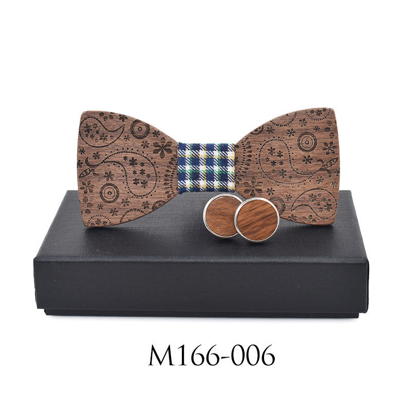Paisley Carved Party Wood Bow Tie Cufflinks Set