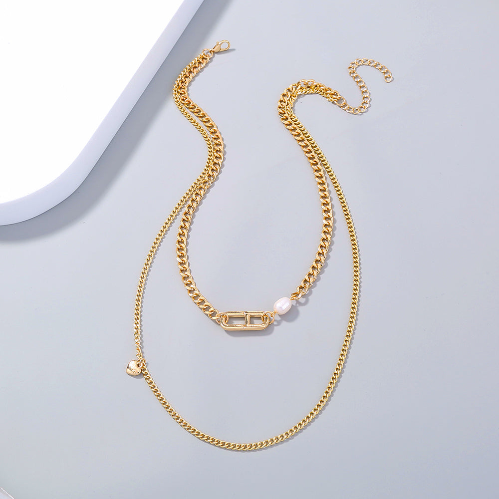 ins style hip-hop personality Japanese character thick chain design double layered necklace pearl necklace