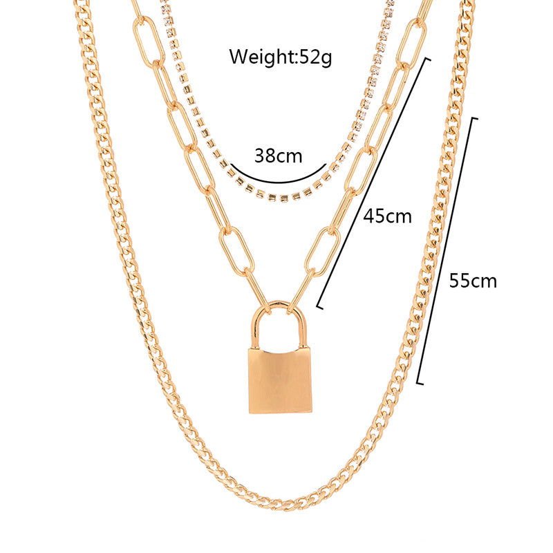 European and American cross-border jewelry Fashion street style lattice chain lock necklace gift rhinestone claw chain multi-layer chain