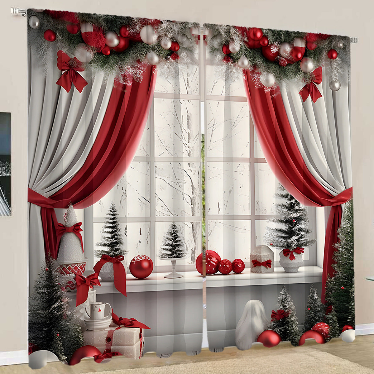 2PCs European Curtain Christmas Series Curtain Factory Generation 3D Digital Printing