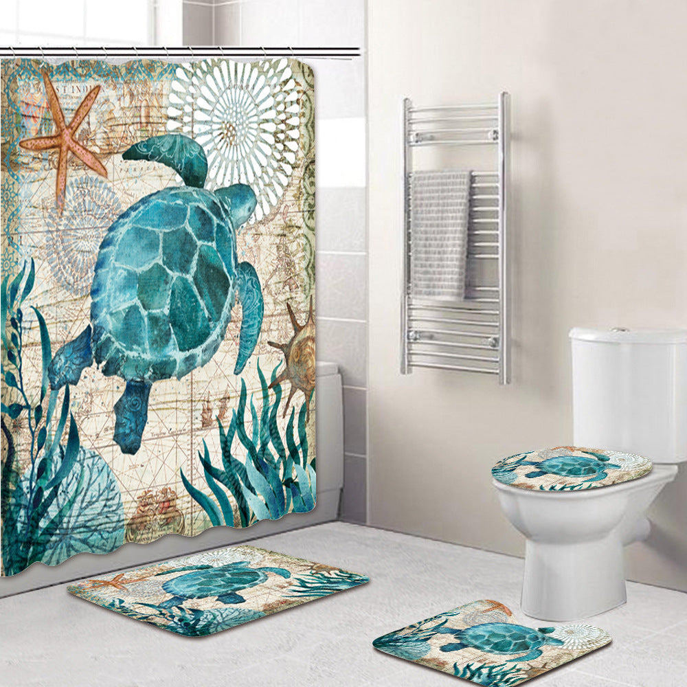 Bathroom Shower Curtain Floor Mat Suit Ocean World Printing