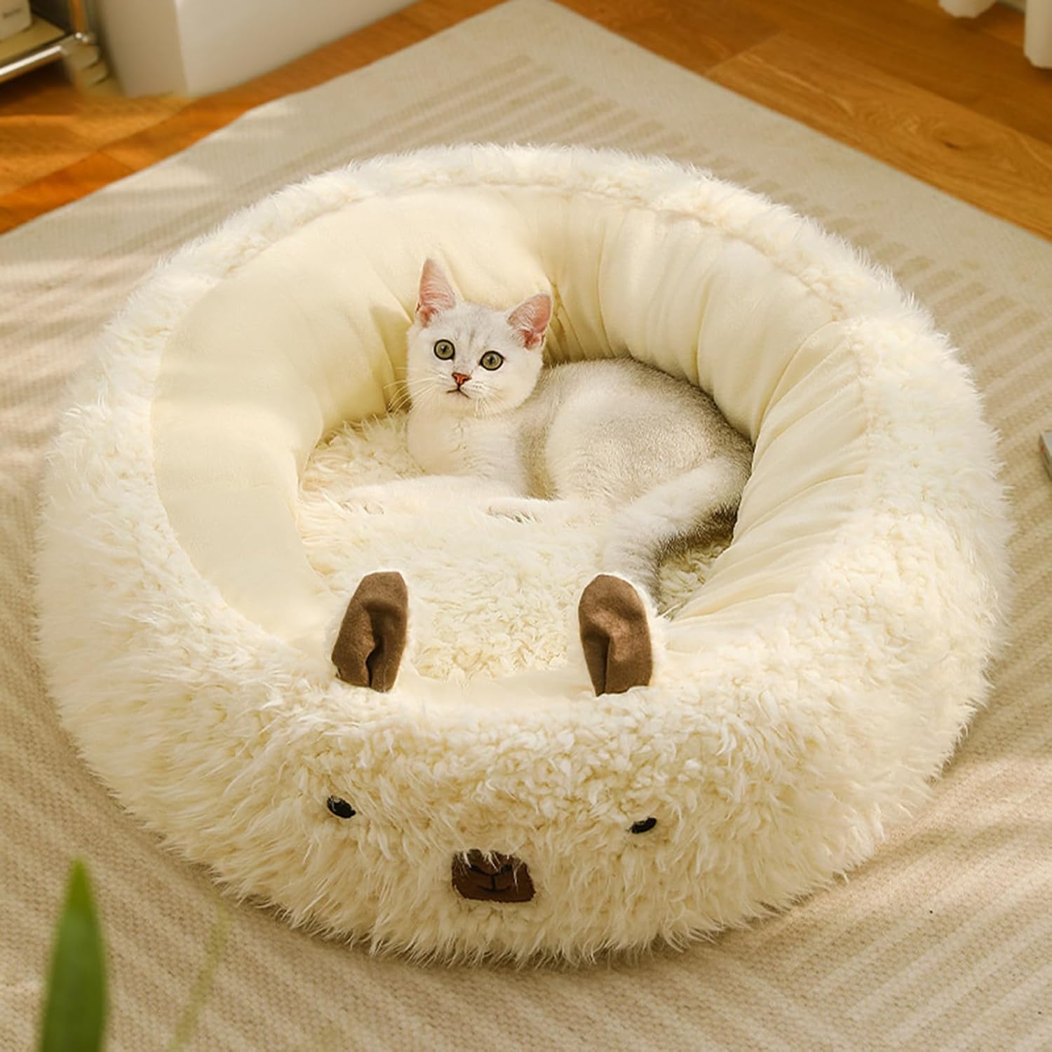 Lit pour animaux de compagnie Alpaga pour petits, moyens et grands chiens et chats, lit apaisant pour chien, lits pour chats avec coussinets en peluche détachables, fond antidérapant, bords surélevés, litière pour chat, nid chaud d'hiver blanc