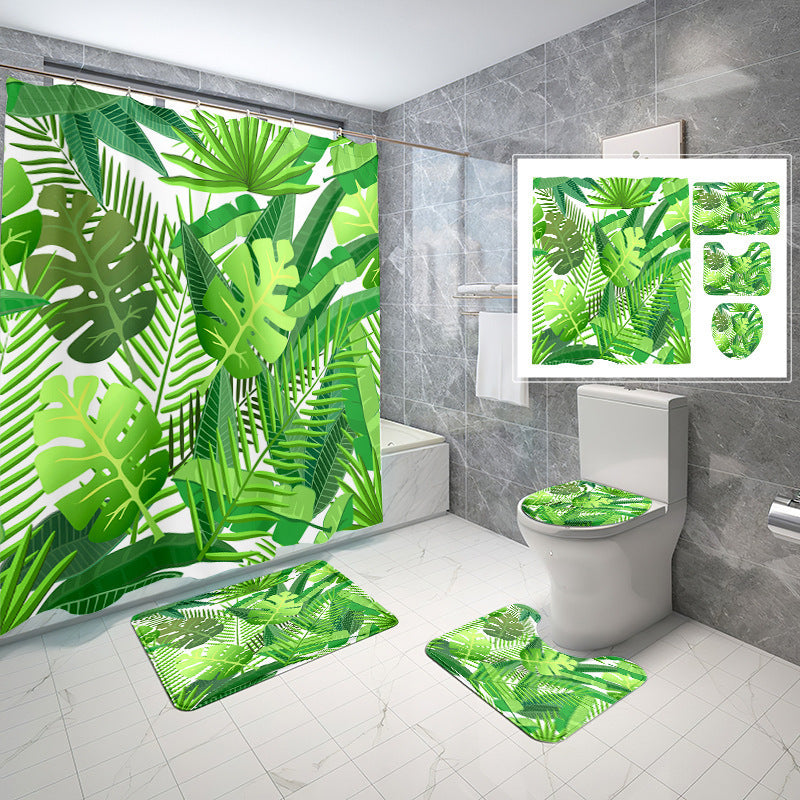 Natural Wind Leaves Printing Toilet Waterproof Shower Curtain Non-slip Floor Mat