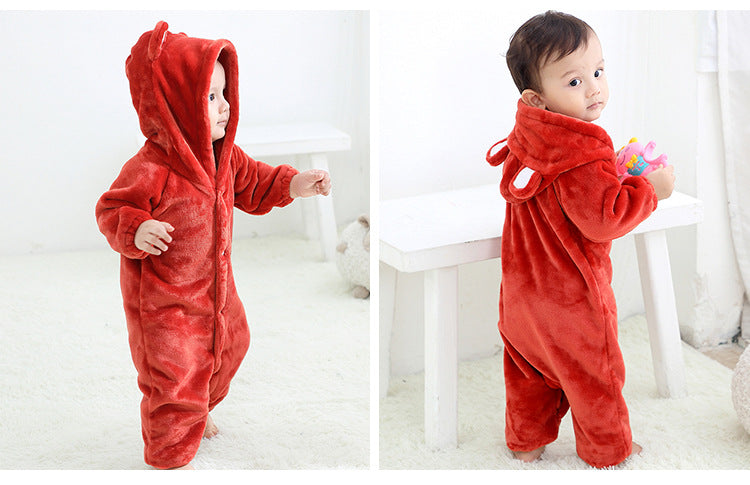 Flannel Romper Child Bear Jumpsuit Hooded Single-breasted Romper