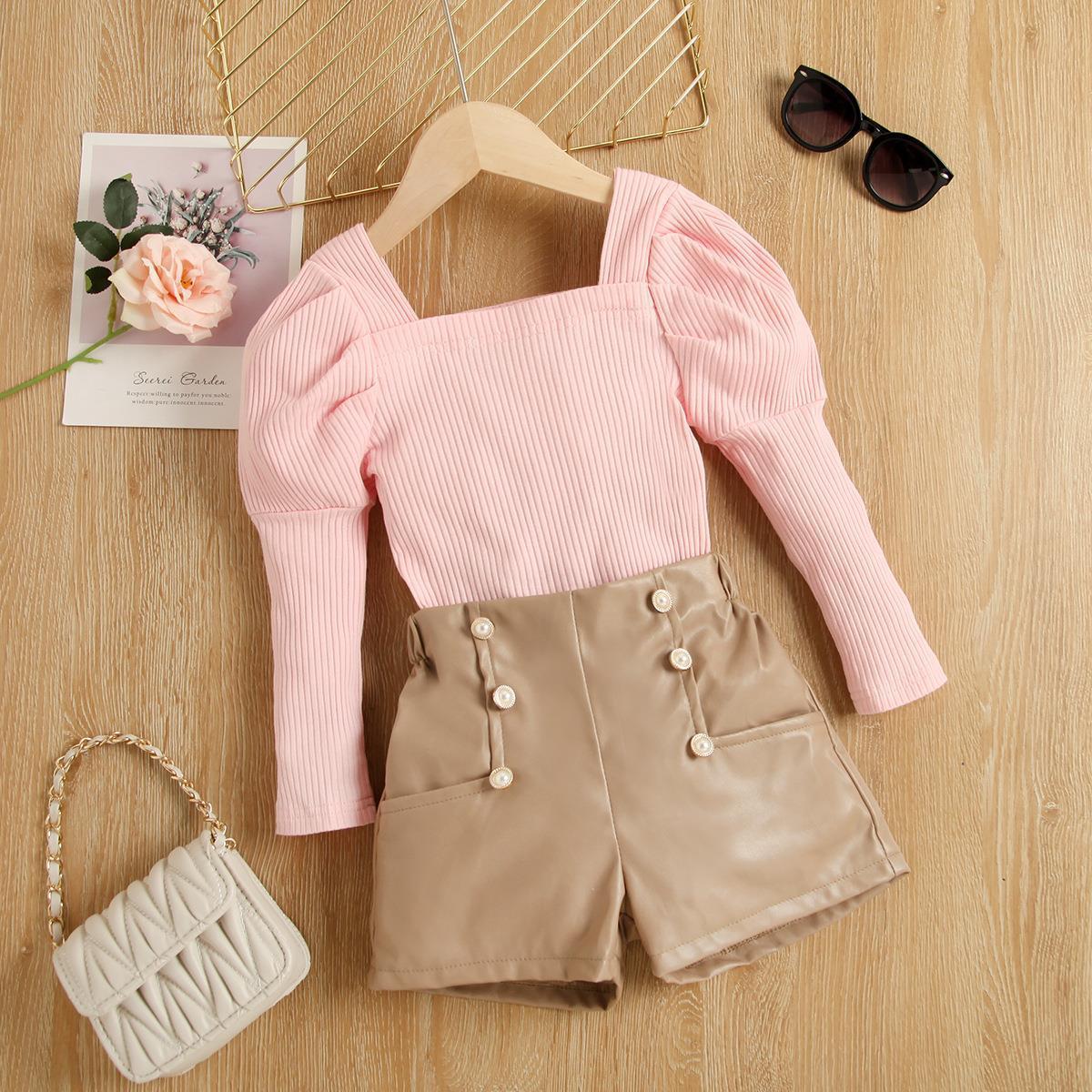 Girls' Bubble Long Sleeve Cotton Sunken Stripe Top Light Coffee Color Leather Pants Suit
