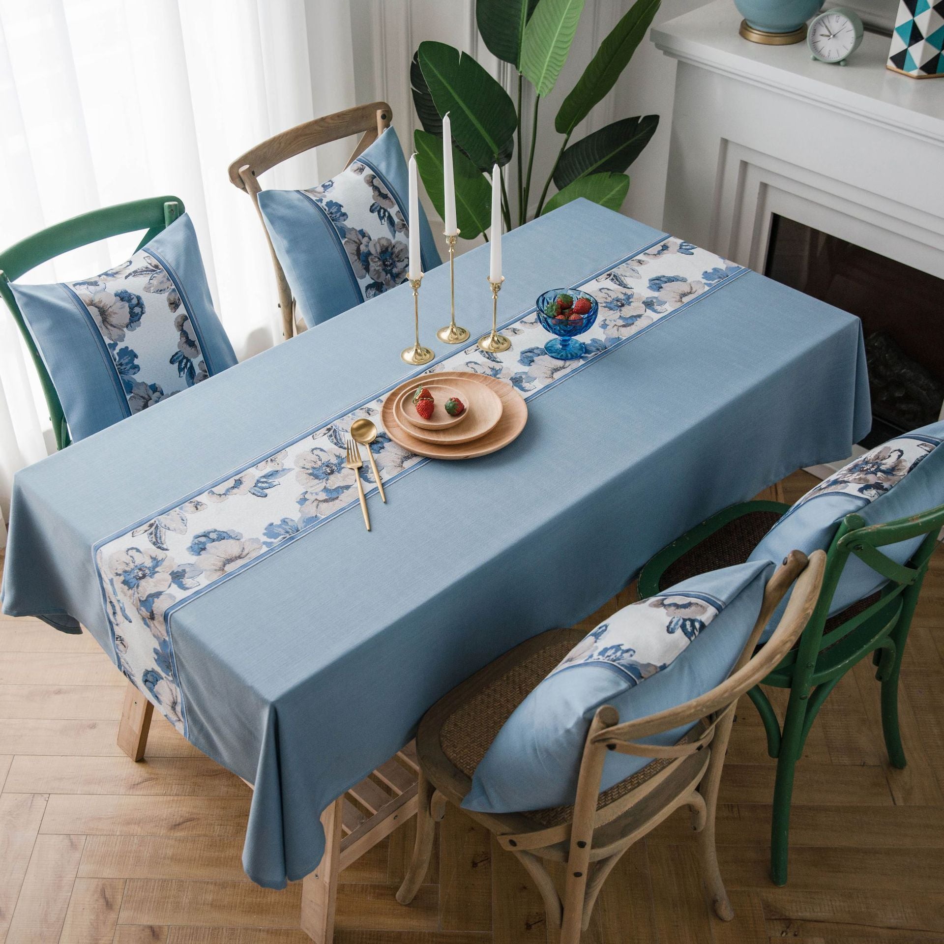 Rustic Blue Embroidered Cotton Faux Linen Tablecloth