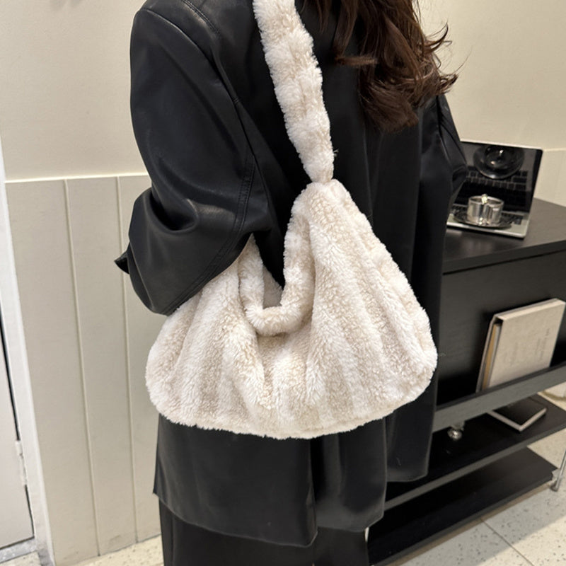 Grand Sac Peluche Rayé Grande Capacité Hiver Nouvelle Mode Sac Fourre-tout Portable Sacs à Bandoulière Sacs à Main Moelleux Pour Femmes