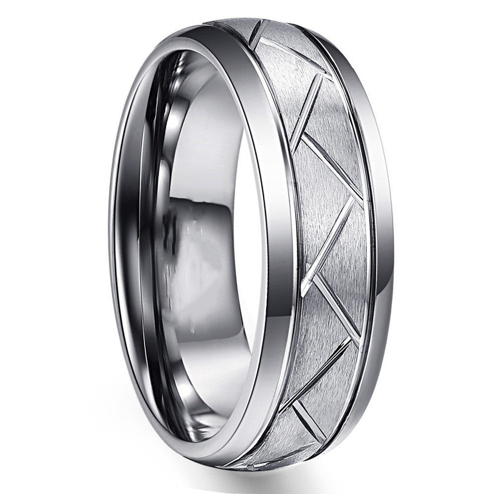 Men's Fashion Silver Gray Frosted Face Angle Trunking Tire Pattern Tungsten Ring