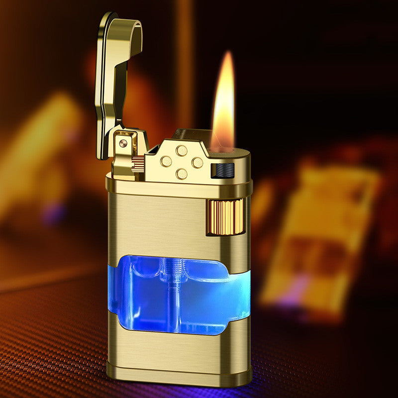 Briquet Rétro à Tir Direct Aéré, Réservoir d'Huile Transparent avec Lumière