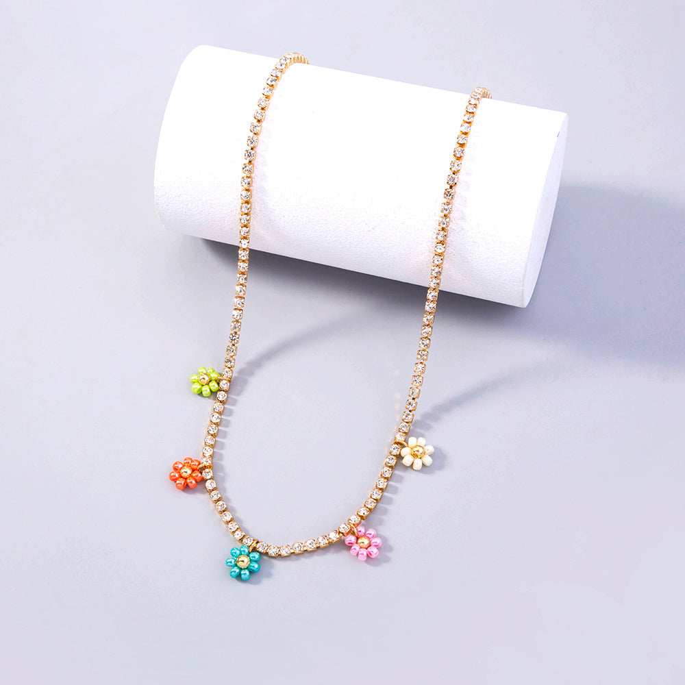 Stylish little fresh colorful flower rhinestone necklace