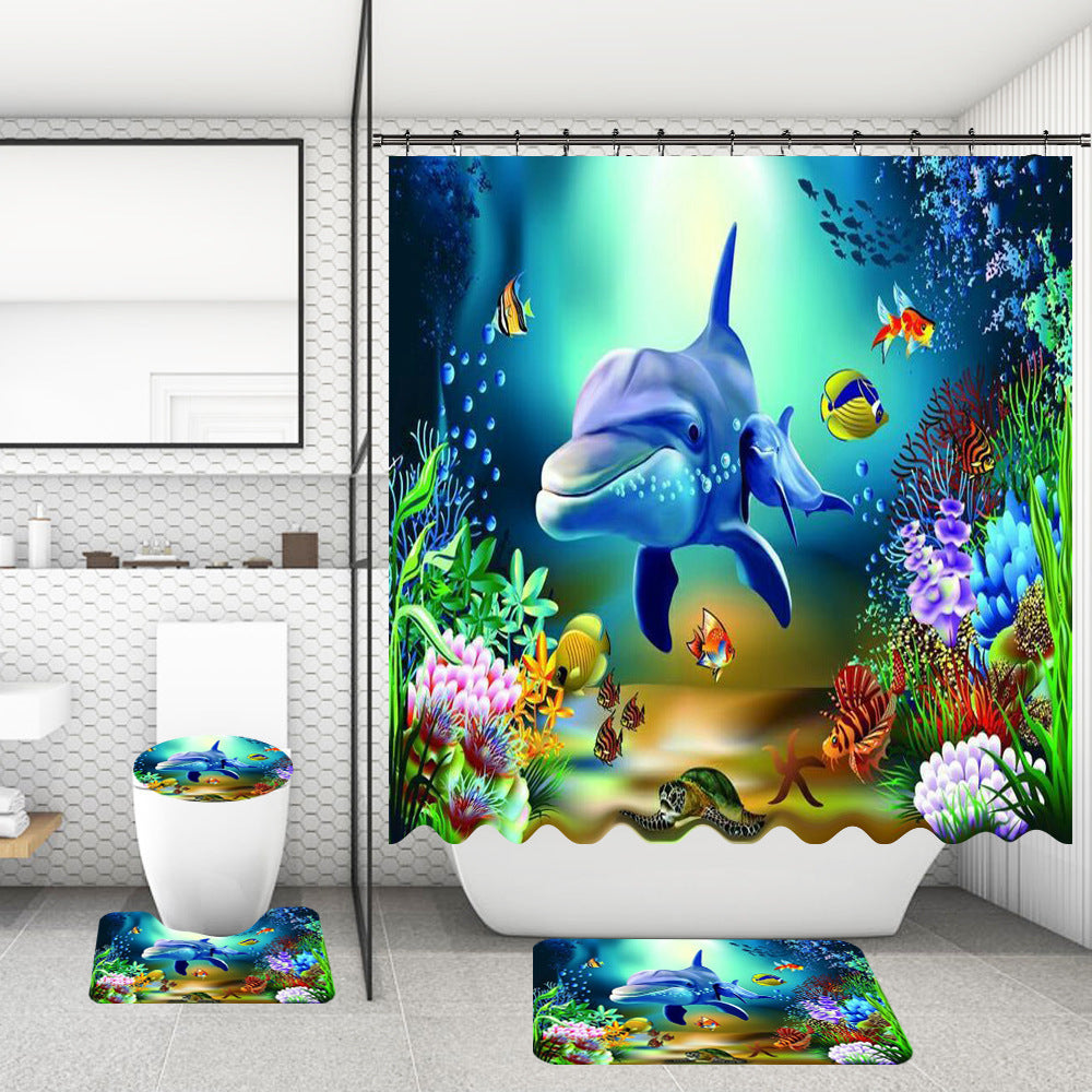 Bathroom Shower Curtain Floor Mat Suit Ocean World Printing