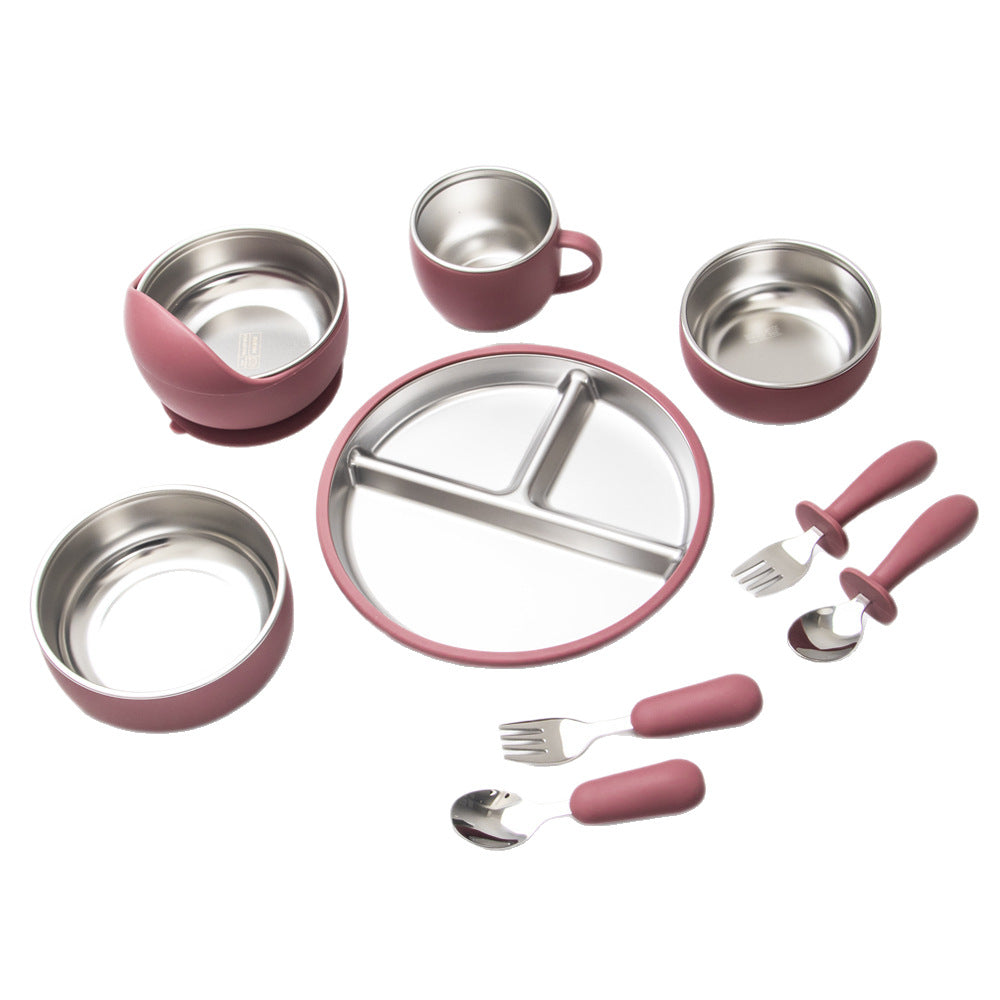 Set d'alimentation pour bébé en acier inoxydable et silicone, bol à ventouse, fourchette et cuillère pour bébé