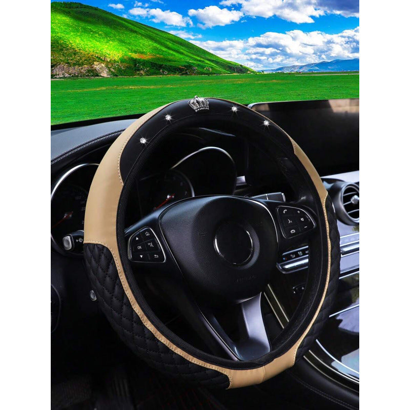Diamond-Encrusted Little Crown Leather Car Steering Wheel Cover Without Inner Ring