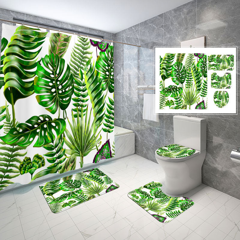 Natural Wind Leaves Printing Toilet Waterproof Shower Curtain Non-slip Floor Mat