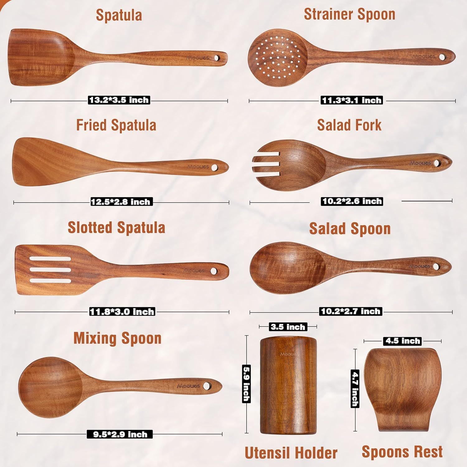 Acacia Mangium Spatula 7-piece Kitchen Salad Mixing Pasta Spoon Slotted Turner