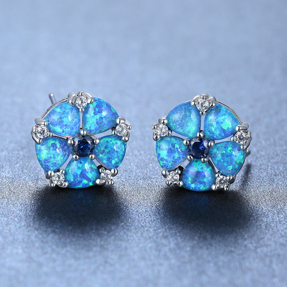 Boucles d'oreilles clous fleur en opale et diamant platine très populaires pour femmes